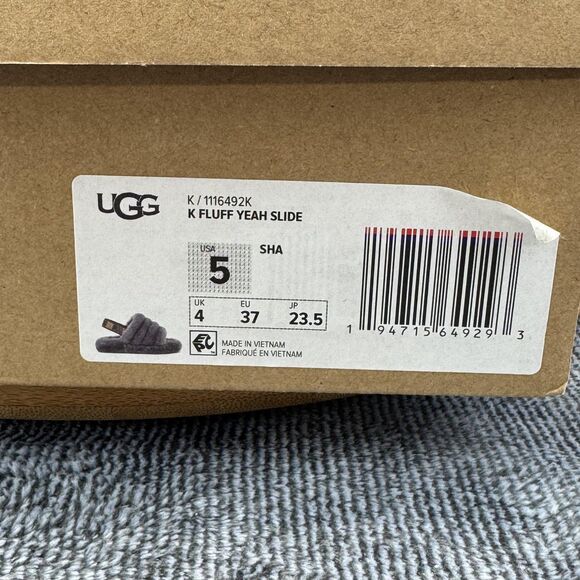 UGG Fluff Yeah Slide Shoes Youth Size 5 Gray Fuzzy Slingback Slippers 1116492K - Picture 9 of 9